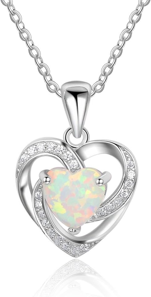 Sterling Silver 7mm Heart Shape White Created Opal Pendant Necklace
