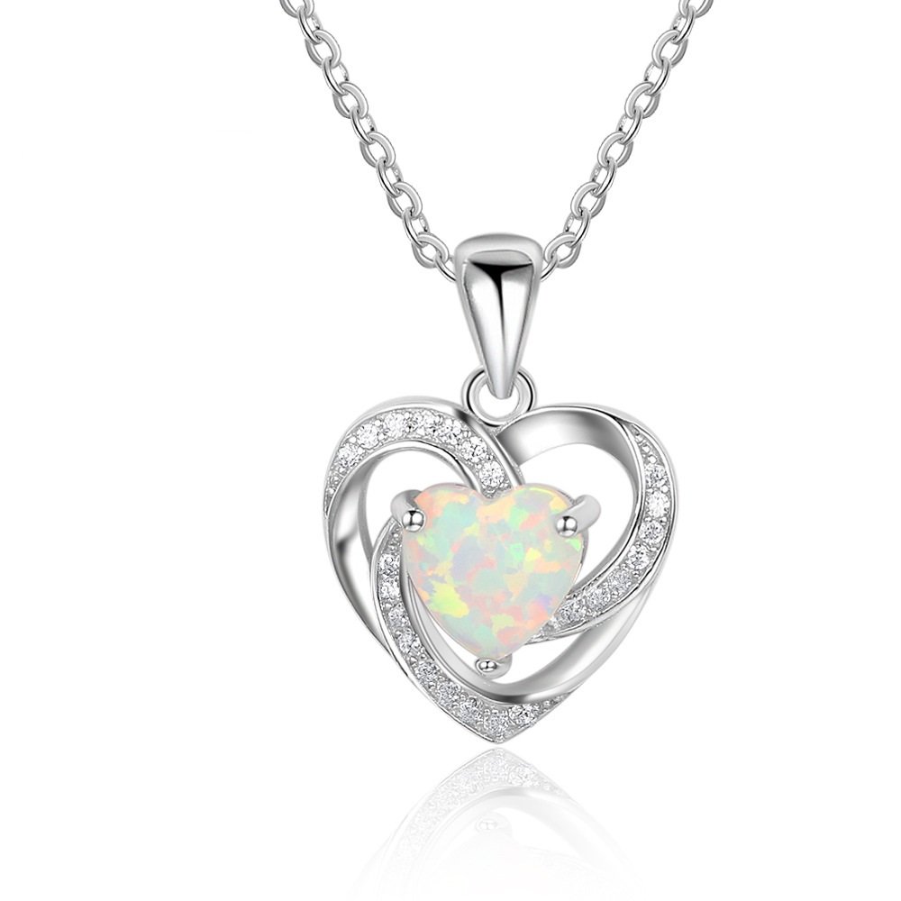 Lam SenceSterling Silver 7mm Heart Shape Created Opal Pendant Necklace Jewellery, Gift for Wife