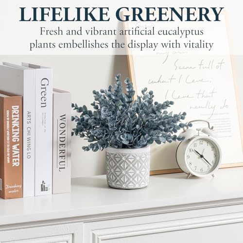 MyGift Artificial Eucalyptus Plant in Modern Gray Concrete Pots with Geometric Embossed Pattern (1, Blue) - Image 4