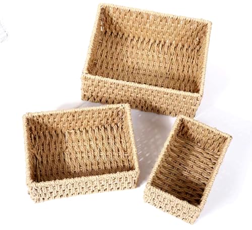 Lydlrum 3 PCS Small Seagrass Baskets,Light Brown Square Storage Cube Bins for Shelves Laundry Organizer Square Shelf Baskets