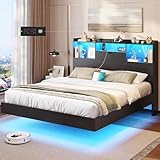 DICTAC Queen Floating Bed Frame with LED Lights and Storage Headboard, Visual Floating Bed with Charing Station, Queen Size Metal Platform Bed with Stable Structure, No Box Spring Need, Easy Assembly