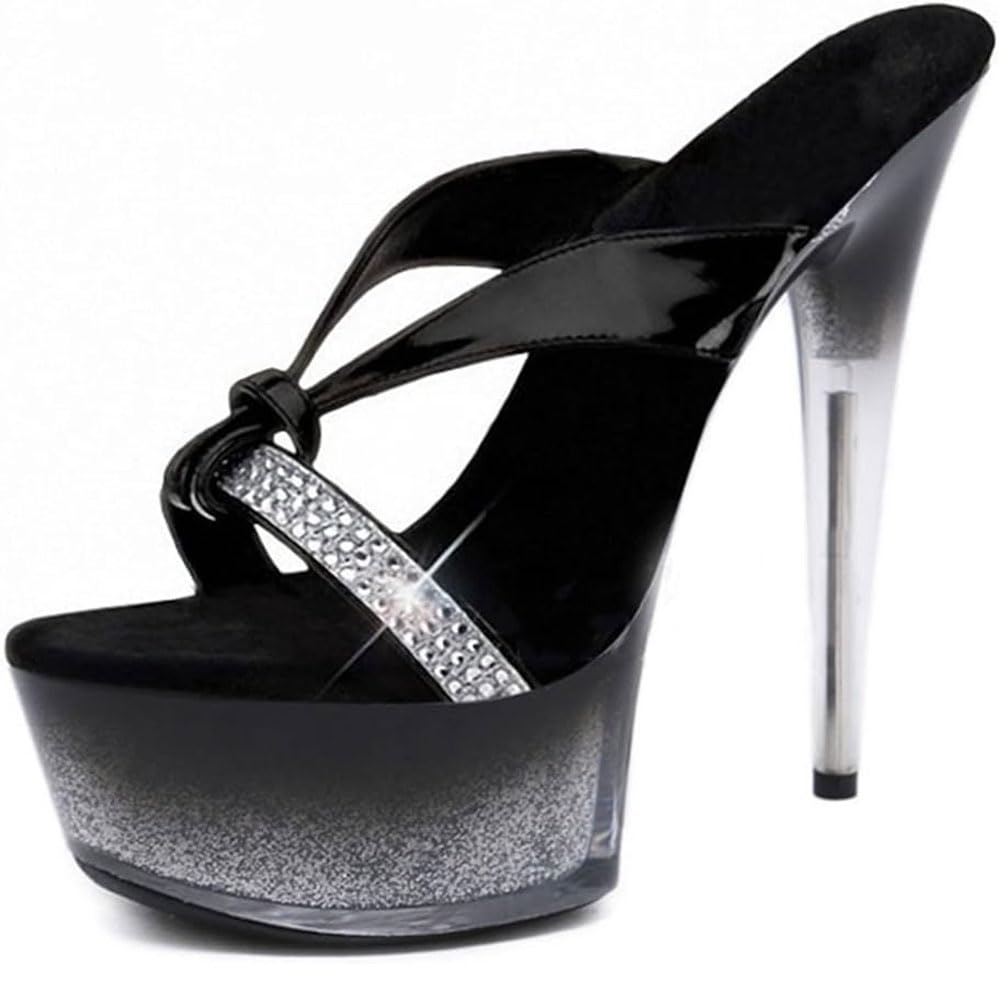 Hyfzxwx Women's Black Platform High Heels Rhinestone Mules Sandals Sexy Stripper Club Wedding Dress Party Shoes Plus Size High/Black/35Eu
