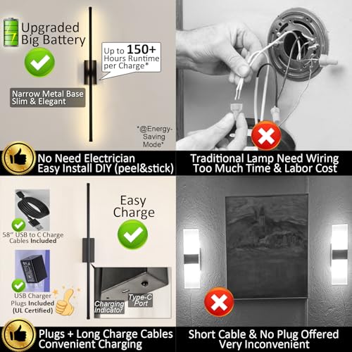 Easy Install Peel and Stick on Battery Operated Wall Sconces Set of 2 Rechargeable, Magnetic Linear Wall Sconce Wireless Long Picture Vanity Wall Light for Living Room Bedroom (2 Pack, 28.3'', Black)