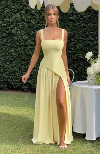 Women's Satin Bridesmaid Dresses with Slit Square Neack Long Formal Evening Gown Corset Prom Dress4