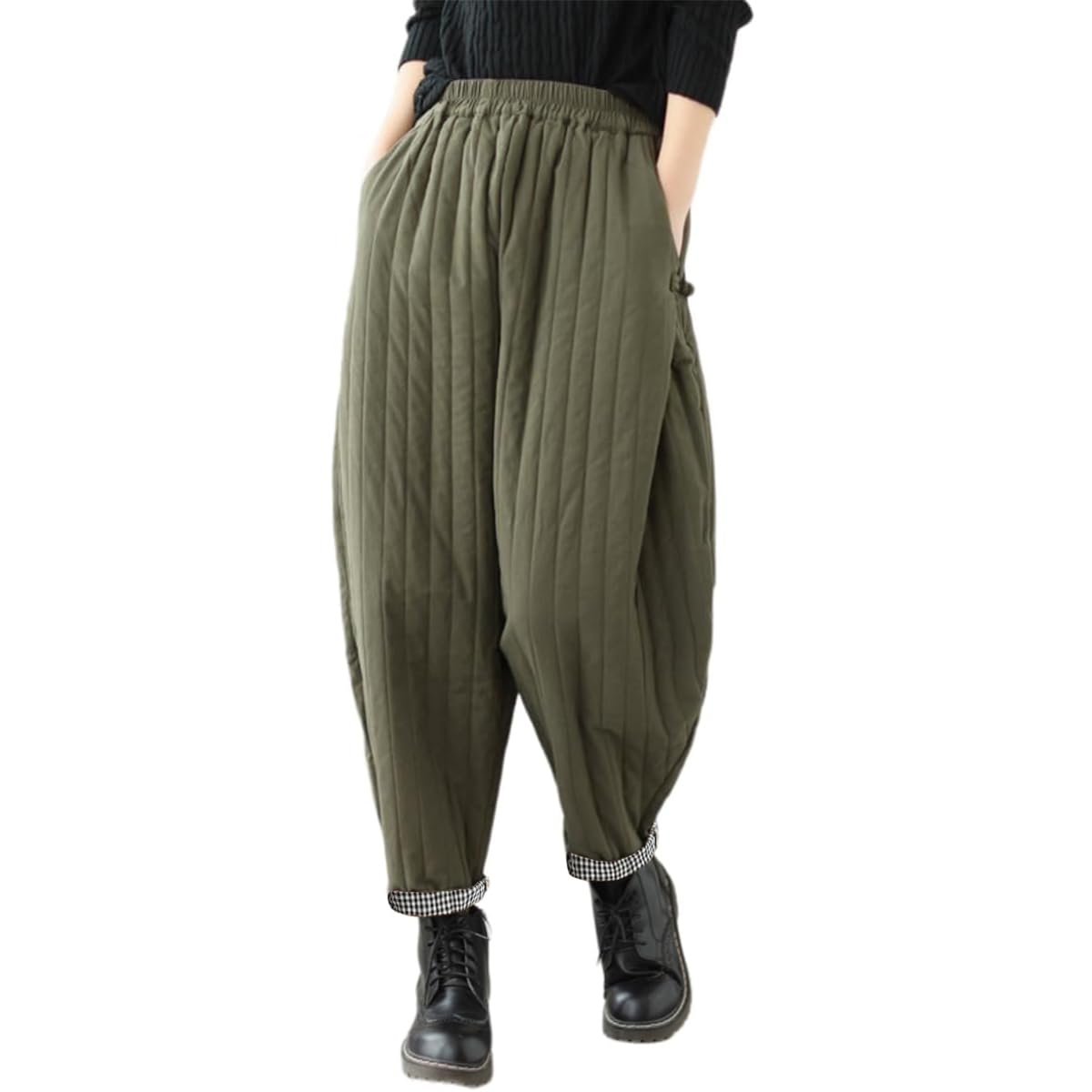 Women Winter Warm Down Cotton Pants Thicker Padded Quilted Pants Relaxed Fit Wide Leg Trousers with Pockets