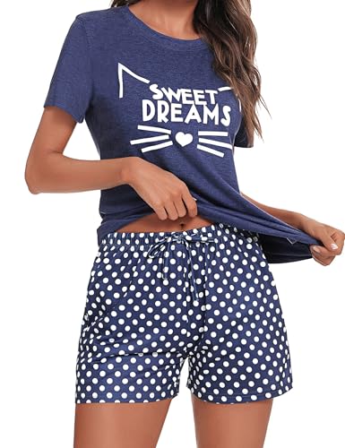 Uniexcosm Pyjama Coton Femme Court Ensemble Été Chat Col Rond Manches Courtes Vêtement de Nuit Short Avec Poches Latérales A-SD Bleu Marin S