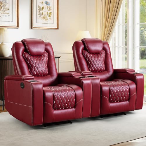 ANJ Power Recliner Chair with USB Ports and Cup Holders - Overstuffed Electric Home Theater Seating PU Leather Reclining Furniture with Hidden Arm Storage, Easy to Clean (Set of 2, Red)