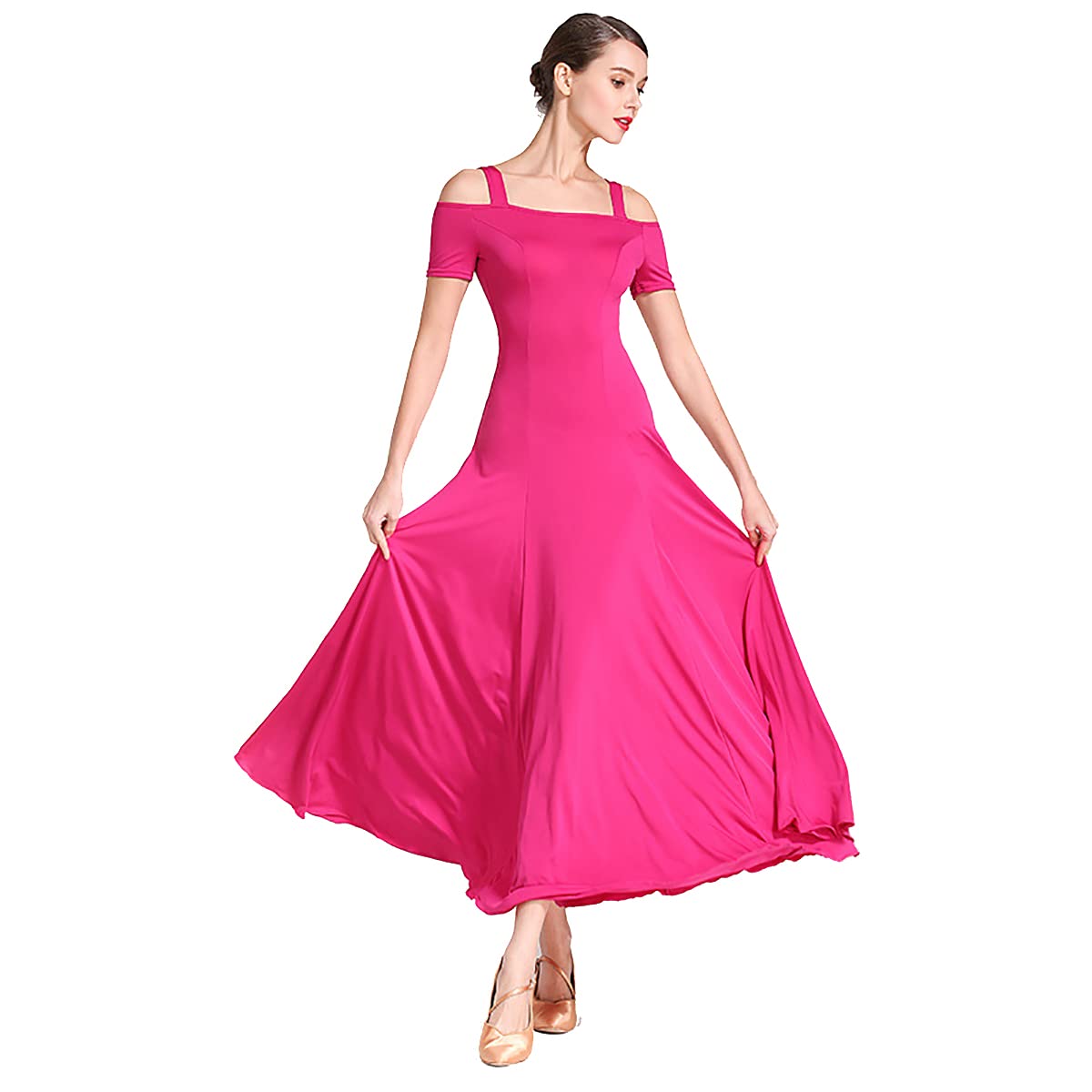 Kobieta? moda seksowna sukienka na ramię solidna długa sukienka na imprezę elegancka sukienka nowoczesna walc ubrania do tańca balowego taniec duża spódnica swingowa odzież performance (M,różowy)