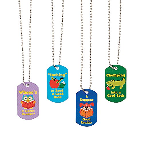 Fun Express I Love Reading Dog Tag Necklaces - 12 Pieces - Educational and Learning Activities for Kids