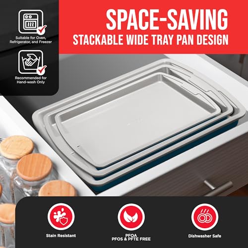 Bakken Swiss Cookie Sheet 3 Piece Set - Non-Stick, Stackable Baking Pans, Deluxe Ceramic Coating – Dishwasher Safe - for Home Baking