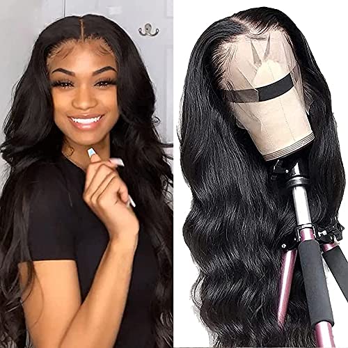 SUNYUON Lace Front Wigs Human Hair Body Wave 13x4 HD Lace Frontal Wig Pre Plucked with Baby Hair Brazilian Lace Front Wig Human Hair Wigs for Women 150% Density Natural Black Color（26inch）