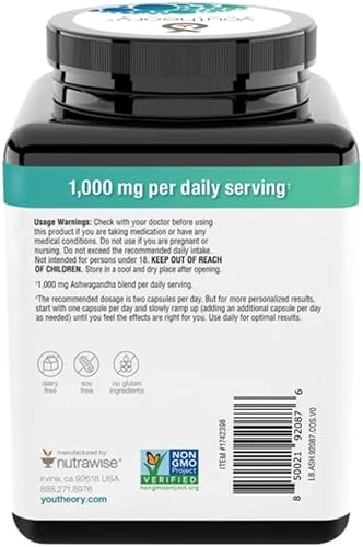 Miniatura 4 de Youtheory Ashwagandha 1000mg con KSM-66 - Ayuda a apoyar una respuesta saludable al estrés, 180 cápsulas (paquete de 1)