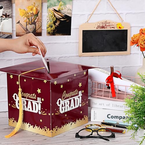Image of Outus 2026 Grad Card Box with Tassel Congrats Graduation Cap Card Holder for Graduation Gift Box Party Supplies(Maroon,Stylish)