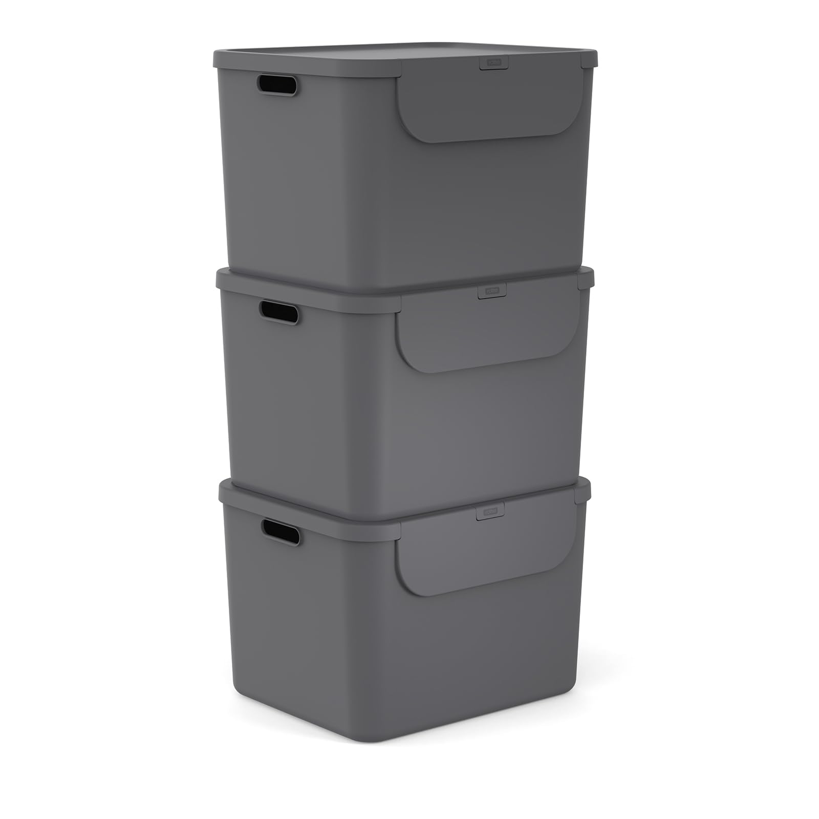 Rotho Albula Mülleimer Küche Mülleimer 3 Fächer 3 x 55 L Set Anthrazit | Papierkorb, Abfalleimer Küche, Mülleimer mit Deckel, Rotho Mülleimer 3er-Set, Tragegriffe, frontal zu öffnen, 6 Aufkleber