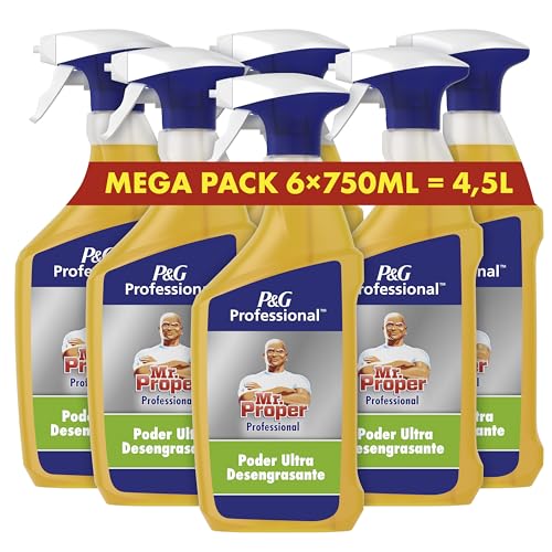 Mr Proper Professional, Limpiador Spray, Desengrasante Intensivo, 4,5L (6 x 750ml), Elimina hasta el 100% de la grasa de las cocinas profesionales
