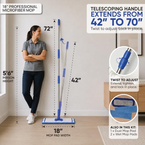 Image of 18 inch Pro Microfiber Hardwood Floor Mop - Cleans Floor in Seconds | Dust & Wet Mopping | Hardwood, Tile, Laminate & Vinyl with 3 Washable Pads, No Buckets Needed with Deluxe Household Mop