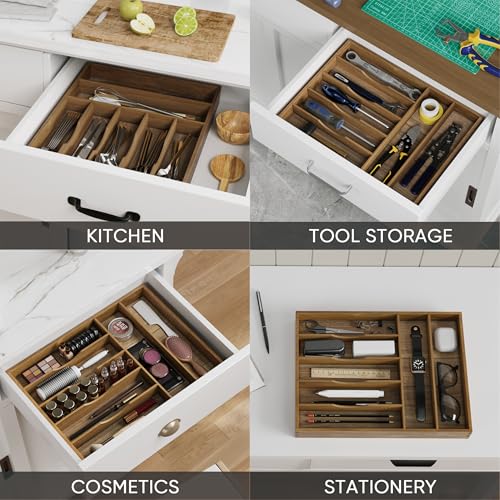 Smuxee Acacia Wood Kitchen Silverware Drawer Organizer, 7 Compartment Utensil Holder, Kitchen Drawer Divider for Silverware and Kitchenware - Image 7