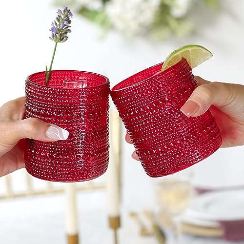 Image of Kate Aspen Retro Arch Floral Red Drinking Glasses Set of 6, 10 oz Vintage Ribbed Glass Cups, Christmas Glassware & Holiday Drinkware, Valentine's Day & Holiday Hostess Gift