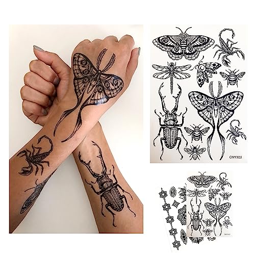 Temporary Tattoo for Adult Women - 2 Sheets - Black Big Moth Beet...
