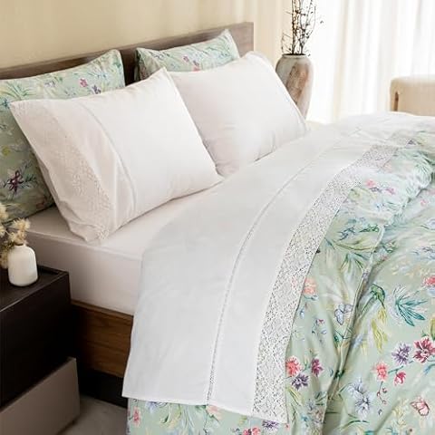 QSH White Shabby Lace King Size Sheets Sets,100% Cotton French Country Crochet Lace Bedding Farmhouse Bed Sheet Set 4pcs Deep Pockets Cover