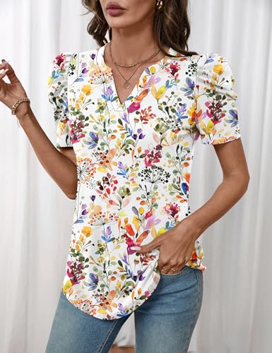 Image of LOMON Spring Summer Tops for Women 2026 V Neck Puff Short Sleeve Tops Fashion Trendy Work Blouses Dressy Casual S-XXL