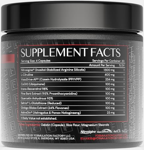 Image of Formulation Factory Heart of Titanium - Stim-Free Nitric Oxide Supplement with L-Citrulline, Nitrosigine & CoQ10 - Capsule Pre-Workout for Pumps & Endurance - 120 Capsules, 30 Servings