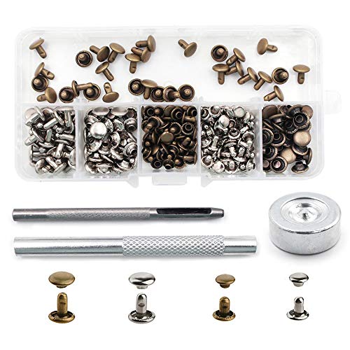 Bestgle 120 Sets Leather Rivets With Fixing Tool Kit, Double Cap Rivet Replacement Tubular Metal Studs Snap Fasten Kit For Diy Leather Jeans Clothing Craft Repairing Decoration (Silver,Bronze) #TOP14