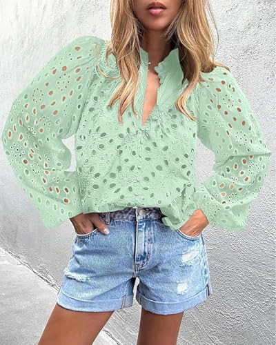 BETTE BOUTIK Women's Long Short Sleeve Tops 2025 Dressy Casual Button Hollow Out Lace Embroidered Blouses Shirts