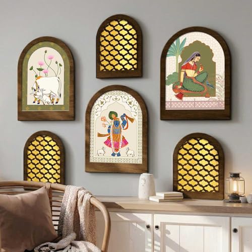 Image of Jharokha MDF Mirrors Home Decoration Items | Traditional Wall Decor Items for Living Room | Mirror Wall Hanging | Home Decor Items for Bedroom Office Set of 6 (9x12 inch & 7.5x9.5 inch)