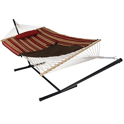Sunnydaze Rope Hammock with Stand for Outside- 275-Pound Capacity - Includes 12-Foot Hammock Stand, Spreader Bar, Pad, and Pillow - Desert Stripe