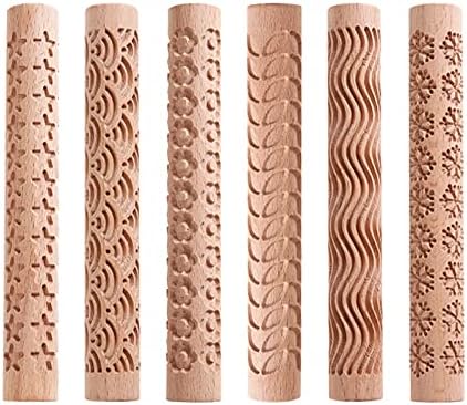 SYWAN 6Pcs Clay Modeling Pattern Rollers, Large Texture Rollers for Clay Wooden Handle Pottery Tools Snowflakes Stars Wood Wave Pattern Clay Rolling Pottery Ceramic Carved Tools for DIY Handcrafts (B)