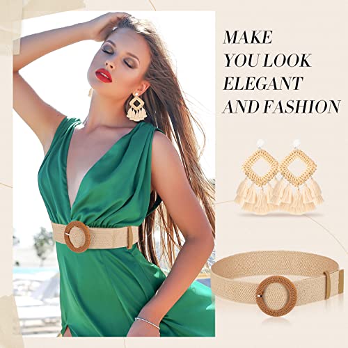 Charniol 6 Pack Straw Woven Elastic Stretch Waist Rattan Earrings Set, Tassel Dangle Bohemian and Braided Belt for Women3