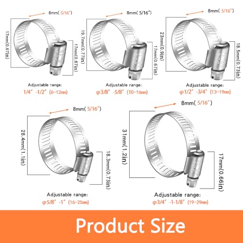 Image of Dianrui 42 PCS Hose Clamps Assortment Kit 1 /4 inch-1-1 /8 inch (6-29mm) Hose Clamps Stainless Steel 304 Worm Gear Fuel Line Hose Clamp for pipe, Fuel Line, Plumbing, Intercooler, Tube, Automotive and Marine
