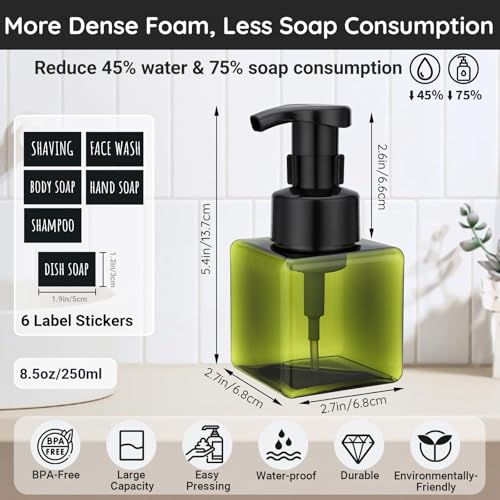 Image of Segbeauty 8.5oz Bathroom Foaming Pump Bottle Empty, 2pcs Refillable Foam Hand Soap Dispenser Set for Kitchen, 250ml Small Green Square Foamer Bottles for Shampoo Body Wash, Plastic Liquid Container