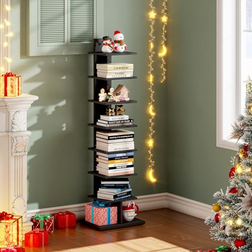 TUTOTAK Narrow Bookshelf, 8-Tier Bookcase, Spine Book Shelf for Small Space, Corner Standing Shelf for Living Room, Office, Study, Entryway, Black BS06BK008