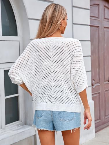 Image of Libsorge Womens Sexy V Neck 3 /4 Sleeve Sweater Spring 2025 Trendy Dressy Casual Outfits Lightweight Crochet Knit Pullover Top