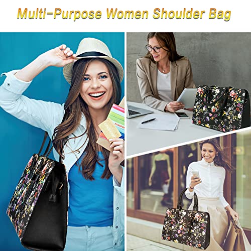Laptop Bag For Women, Large Capacity Shoulder Bags Waterproof Pu Leather Briefcase Work Tote With Usb Charging Port For 15.6 Inch Computer, Fashion Business Office Handbag Purse 2Pcs Set, Black Flower #TOP6