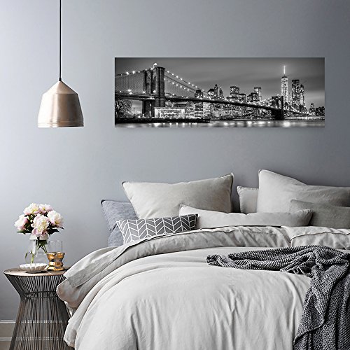 Feeby Bilder Brooklyn Bridge New York XXL 150x50cm 1 Teilig Wohnzimmer Schlafzimmer Büro Flur Küche Wandbilder Modern Wanddekoration Kunstdruck Design Gebäude Architektur Schwarz und Weiß