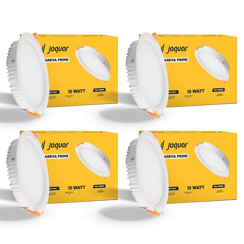 Image of Jaquar 15W Areva Prime Round Downlight with Aluminum housing | 5 Year Warranty | Warm White (3000k) Sleek Backlit Design | Recessed Mounted False Ceiling | 105 mm Cutout |120x28 mm (Pack 4)