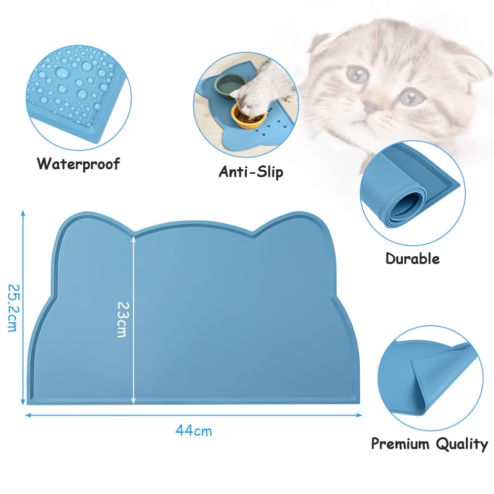 VSSHE Tappetino Ciotola Cani e Gatti in Silicone, 44 x 25 cm Tappetino per Ciotola di Cibo Antiscivolo, Tappetino Sottociotola per Animali Domestici, Evitare Fuoriuscite di Acqua o Cibo (Blu)