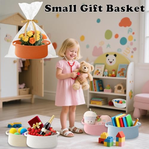 Image of Woven Rope Basket - Baby Gift Basket with Bag & Ribbon, Orange