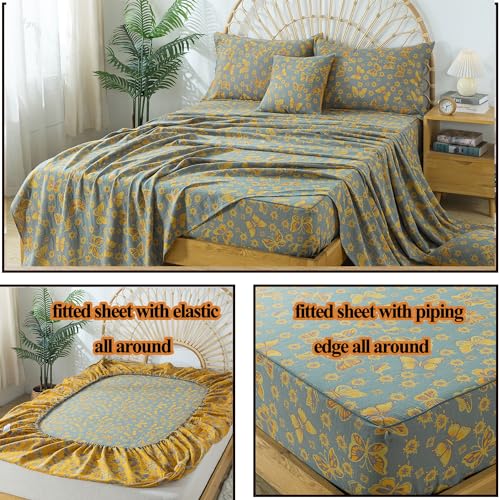 Image of FADFAY Butterfly Sheets Set King Vintage Yellow Grey Floral Bedding Shabby Farmhouse Bedding Super Soft Washed Double -Layer Muslin Sheets 100% Cotton Deep Pocket Fitted Sheet 4Pcs, King Size