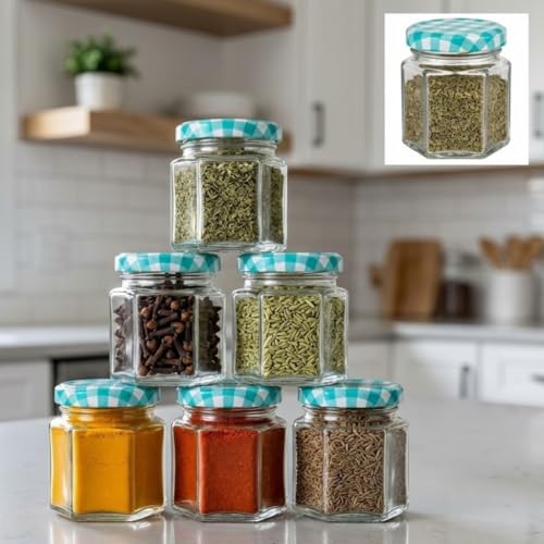 Image of Cute Hexagonal 50 grams Airtight Glass Jar Containers for Honey, Spices & other Kitchen Items with Rust Proof Turquoise Color Caps -Set of 06