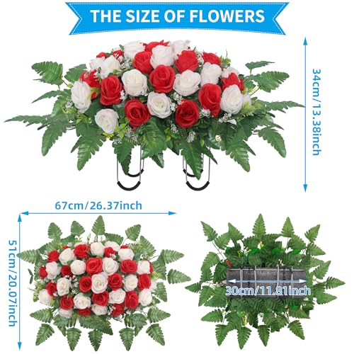 Cemetery Headstone Flower Saddle,Artificial Cemetery Flower Saddles for Graves,Artificial Rose Cemetery Memorial Flowers for Outdoor Tombstone Headstone Decorations (Red) image 4