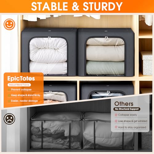 Image of 6 Pack Clothes Storage Bins with Metal Frame,40L Storage Bags Fabric Box Organizer with Clear Window,Zippers,Sturdy Handles(6 Pcs,Light Grey,40L)