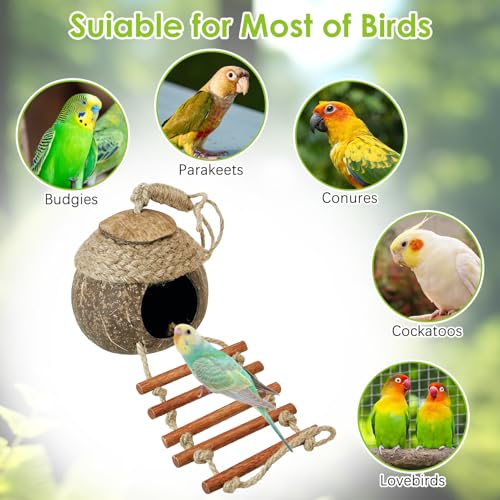 Image of Tfwadmx Coconut Bird Nest Hut with Ladder Natural Coconut Fiber Shell Hanging Coco Birds House Parrot Cage Decor for Parrot Cockatiel Lovebird Finch