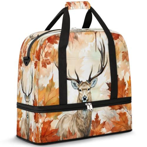 Travel Duffel Bags Autumn Maple Leaf Deer Foldable Weekender Bags for Women with Shoes Compartment Waterproof & Tear Resistant Carry on Overnight Luggage Duffel Bag Shoulder Sports Tote Bag