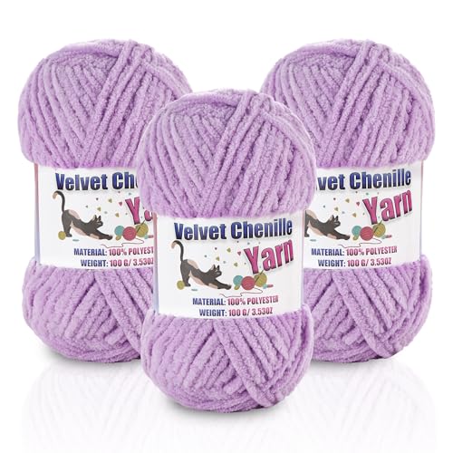 Image of 3 * 100g /3.5oz Fluffy Chenille Yarn for Crocheting, Chunky Velvet Yarn for Crochet Amigurumi, Used for Making Baby Yarns Blanket, Clothes, Pattern Knitting Creations (Light Purple)