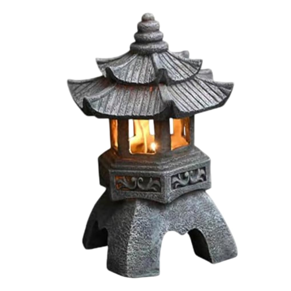 Perodlly Japanese Lantern Outdoor Solar Lights, Amber Pagoda Lantern with Vintage Design for Garden Patio Yard Decor, Waterproof Japanese Lamp for Pathway Landscape..