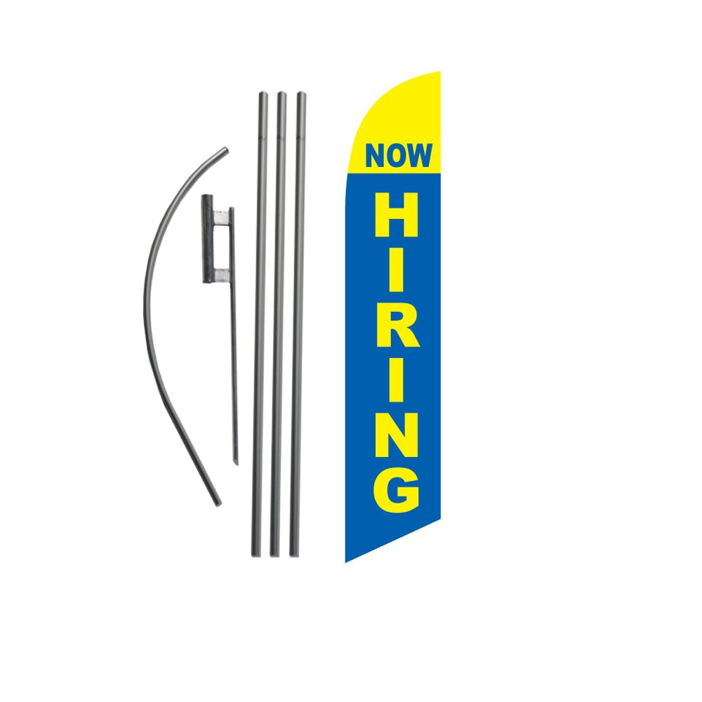 Now Hiring Flag Advertising Feather Banner Swooper Flag Sign with Flag Pole Kit and Ground Stake